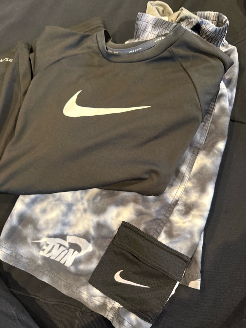 Nike Black Rash Guard with White Swoosh and Gray/black/white Tie-Dye swimtrunks